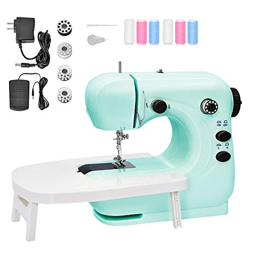 Mini Sewing Machine Portable Electric Sewing Machine for Beginners Lightweight Repairing Tailor Machine with Extension Table  Lighting Function  Foot Pedal  Bobbins  Threader BLUE