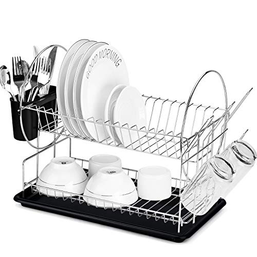 Syntrific Dish Drying Rack 2 Tier Dish Rack with Utensil Holder Cup Holder and Dish Drainer for Kitchen Counter Top Plated Chrome Dish Dryer Silver Syntrific Dish Drying Rack 2 Tier Dish Rack with Utensil Holder Cup Holder and Dish Drainer for Kitchen Counter Top Plated Chrome Dish Dryer Silver