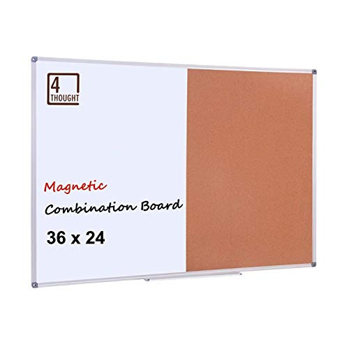 Magnetic Dry Erase and Cork Bulletin Board Combination - 4 Thought 36'' X 24" Magnetic Whiteboard & Cork Board Combo with Aluminum Frame, 10 Push Pins and Marker Tray Included