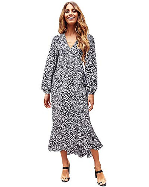 LANISEN Womens Wrap Maxi Dress Long Sleeve Wrap V Neck Floral Flowy Front Slit High Low Dress Women Summer Beach Party Wedding Dress White L