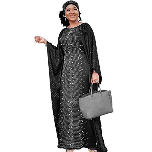 HD African Dresses for Women Beading Rhinestone Kaftan Maxi Dress Black One Size Fit All