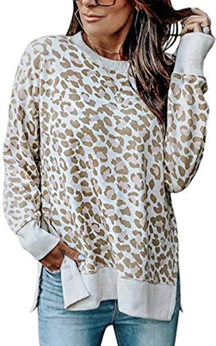 Angashion Womens Sweatshirts - Casual Leopard Print Crewneck Long Sleeve Oversized Pullover Tunic Sweatshirt Tops Beige M