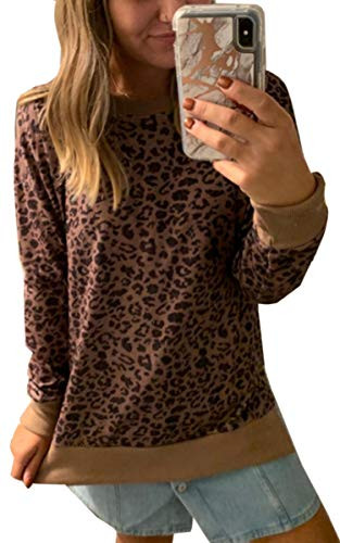 Angashion Womens Sweatshirts - Casual Leopard Print Crewneck Long Sleeve Oversized Pullover Tunic Sweatshirt Tops Coffee L