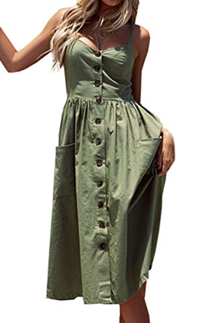 Angashion Womens Dresses-Summer Floral Bohemian Spaghetti Strap Button Down Swing Midi Dress with Pockets 0913 Green M Angashion Womens Dresses-Summer Floral Bohemian Spaghetti Strap Button Down Swing Midi Dress with Pockets 0913 Green M