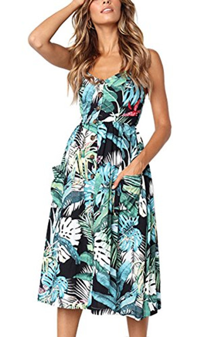 Angashion Womens Dresses-Summer Floral Bohemian Spaghetti Strap Button Down Swing Midi Dress with Pockets 650 Green 2XL Angashion Womens Dresses-Summer Floral Bohemian Spaghetti Strap Button Down Swing Midi Dress with Pockets 650 Green 2XL