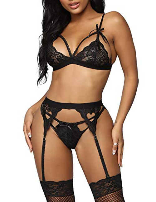 RSLOVE Sexy Lingerie for Women Lingerie Sets with Garter Belt 3 Piece Lace Teddy Babydoll Bodysuit Black S RSLOVE Sexy Lingerie for Women Lingerie Sets with Garter Belt 3 Piece Lace Teddy Babydoll Bodysuit Black S