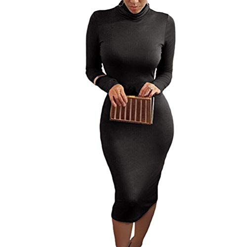 Women Winter Turtleneck Bodycon Dresses - Long Sleeve Solid Midi Sexy Club Dress Black