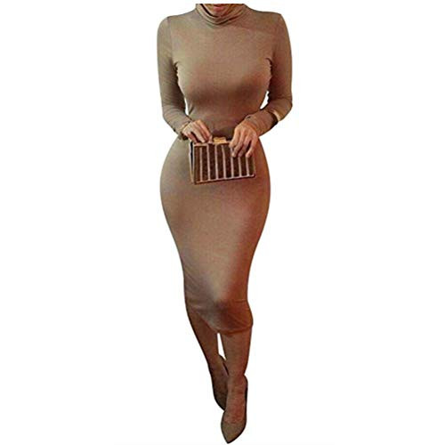 Women Winter Turtleneck Bodycon Dresses - Long Sleeve Solid Midi Sexy Club Dress Coffee