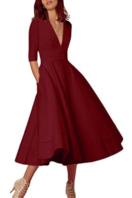 YMING Wedding Formal Dress for Women Deep V-Neck Cocktail Party Maxi Dresses Wine Red S