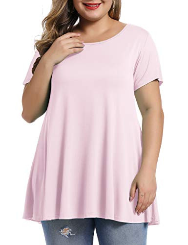 MONNURO Womens Short Sleeve Casual Loose Fit Flare Swing Tunic Tops Basic T-Shirt Plus Size-Pink 3X-