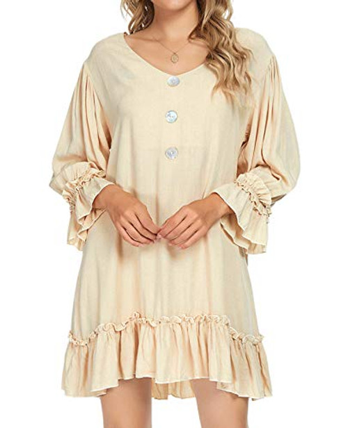 Unifizz Women Summer Tunic Dress V Neck Casual Loose Flowy Swing Shift Dresses -Beige  M-