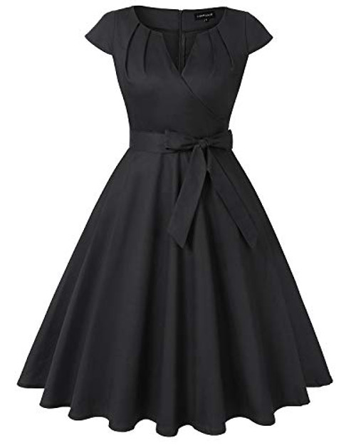 MINTLIMIT Womens Cocktail Dress Cap Sleeve Vintage 1950s Retro Rockabilly Prom Tea Dresses with Belt-Solid Black Size L- MINTLIMIT Womens Cocktail Dress Cap Sleeve Vintage 1950s Retro Rockabilly Prom Tea Dresses with Belt-Solid Black Size L-