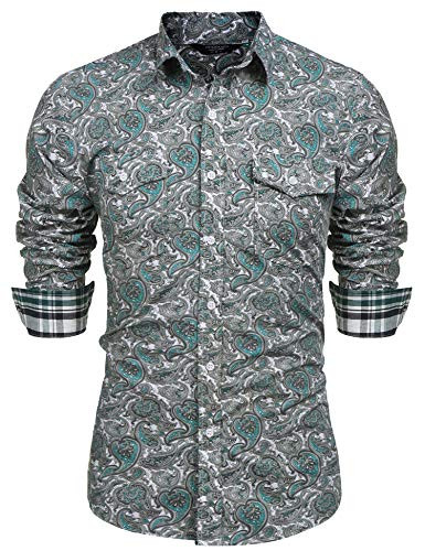 COOFANDY Mens Floral Dress Shirt Slim Fit Casual Paisley Printed Shirt Long Sleeve Button Down Shirts -Green  Small-