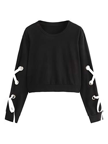 SweatyRocks Womens Casual Lace Up Long Sleeve Pullover Crop Top Sweatshirt -Large  1-Black-