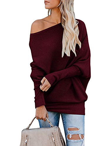Ybenlow Womens Off Shoulder Sweater Batwing Sleeve Ribbed Loose Oversized Pullover Knit Jumper Burgundy