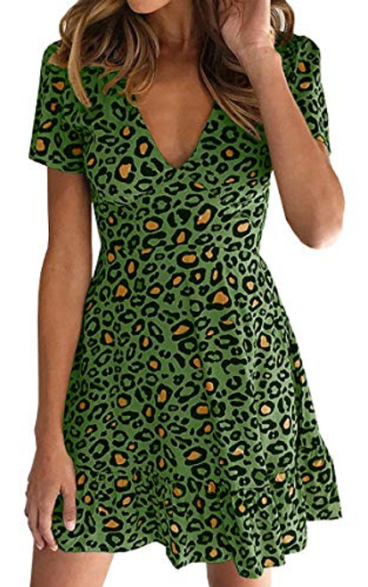 ECOWISH Womens Deep V Neck Floral Leopard Dress Short Sleeve Sexy Ruffles Fashion Mini Dress Green L ECOWISH Womens Deep V Neck Floral Leopard Dress Short Sleeve Sexy Ruffles Fashion Mini Dress Green L
