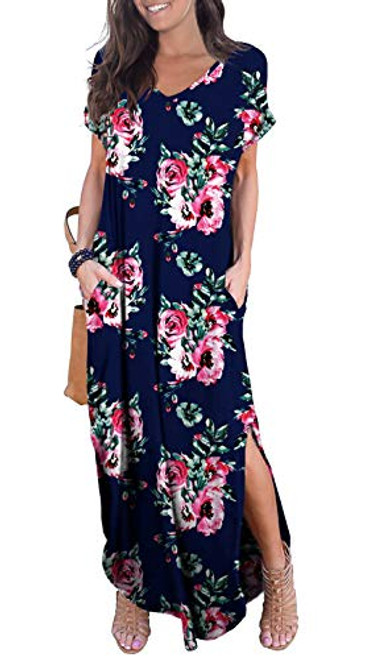 GRECERELLE Womens Casual Loose Long Dress Short Sleeve Floral Print Maxi Dresses with Pockets Navy Blue XX-Large