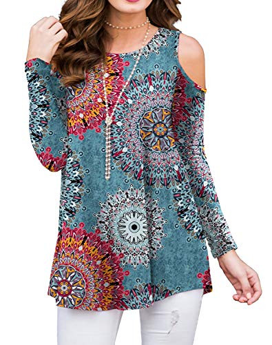 PrinStory Womens Long Sleeve Floral Print Casual Cold Shoulder Tunic Tops Loose Blouse Shirts Floral Print Mix Blue-US X-Large