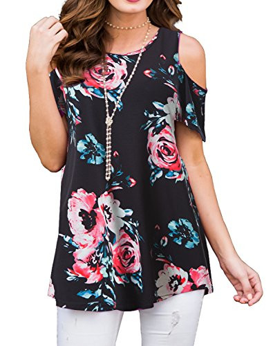 PrinStory Womens Short Sleeve Casual Cold Shoulder Tunic Tops Loose Blouse Shirts Floral Print Floral Print Black-US X-Large