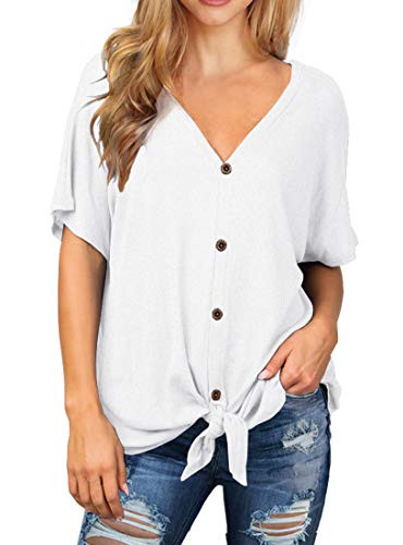 IWOLLENCE Womens Waffle Knit Tunic Blouse Tie Knot Short Sleeve Henley Tops Loose Fitting Bat Wing Shirts White XX-Large