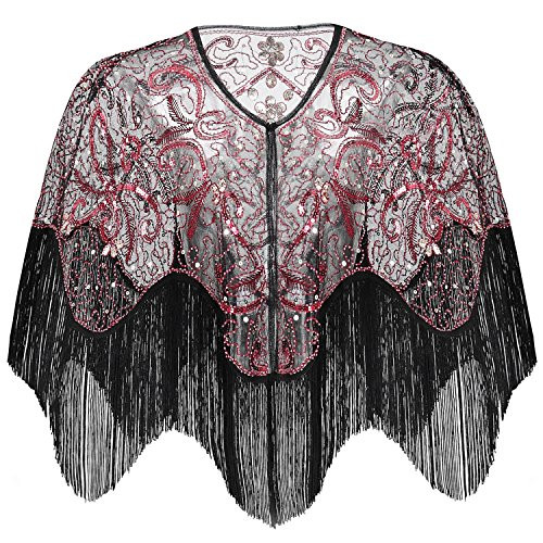 BABEYOND 1920s Shawl Wraps Gatsby Beaded Evening Cape Bridal Shawl for Evening Dresses Wedding Party -Wine Red-