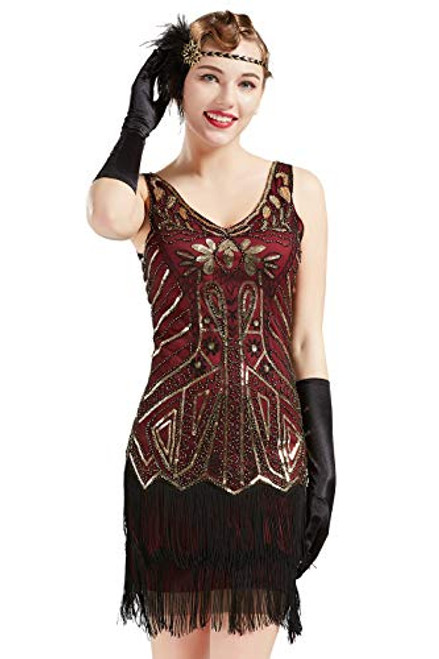 BABEYOND Womens Flapper Dresses 1920s V Neck Beaded Fringed Great Gatsby Dress -Gold and Wine Red  M-