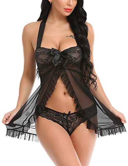 Ababoon Women Lingerie Nightwear Sexy Babydoll Lace Chemise Black