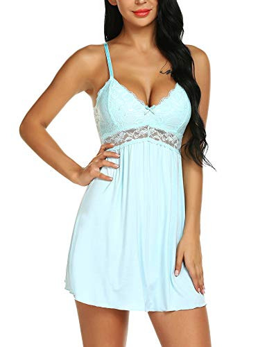 Ababoon Women Lace Modal Sleepwear Chemises V-Neck Full Slip Babydoll Nightgown Light Blue