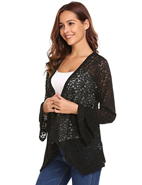 HOTLOOX Ladies Lace Cardigan Floral Crochet Sheer Beach Cover Ups Bell Sleeve Open Front Kimono -Black Large- HOTLOOX Ladies Lace Cardigan Floral Crochet Sheer Beach Cover Ups Bell Sleeve Open Front Kimono -Black Large-
