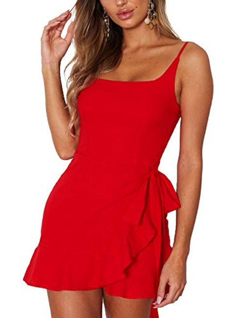 Relipop Womens Dress Spaghetti Strap Waist Tie Knot Wrap Front Ruffle Hem Shor Dress Red