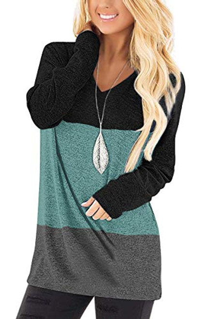 Jescakoo Long Sleeve Tops for Women Fall V Neck Shirts Color Block Warm Pullover 2019 Green XL