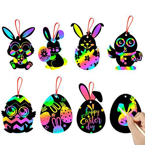 MALLMALL6 64Pcs Easter Scratch Party Favors Easter Eggs Bunnies Chicks Scratch Cards Easter Decorations Party Supplies Scratching Bookmarks DIY Crafts