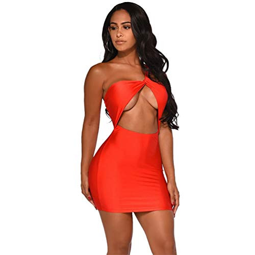 Fastkoala Womens Sexy One Shoulder Sleeveless Asymmetric Cut Out Bodycon Mini Club Dress Red L