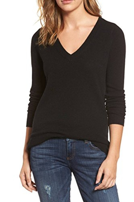 Pink Queen Womens Long Sleeve Sweater V-Neck Solid Basic Knit Sweater Top Black L