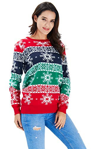 Men Women Ugly Christmas Sweater Holiday Party Xmas Sweater Family Casual Knitted Red Blue and Green Striped Snowflakes Pullover Christmas Jumper