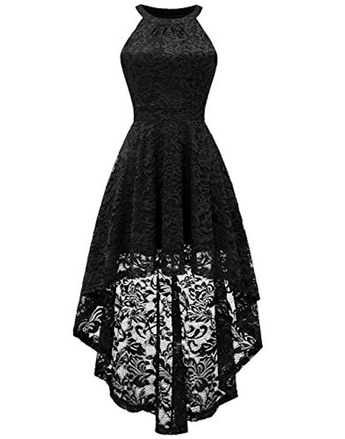 BeryLove Womens Halter Hi-Lo Floral Lace Cocktail Party Dress Bridesmaid Formal Swing Dress BLP7028 Black 3XL