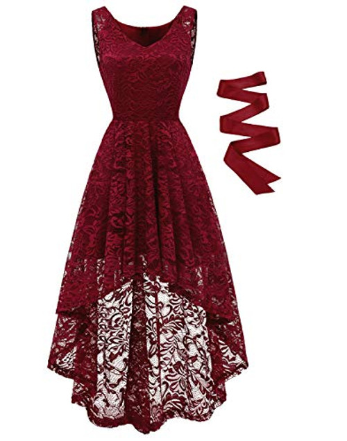 BeryLove Womens Floral Lace Hi-Lo Bridesmaid Dress V Neck Cocktail Formal Swing Dress BLP7018DarkRed 3XL