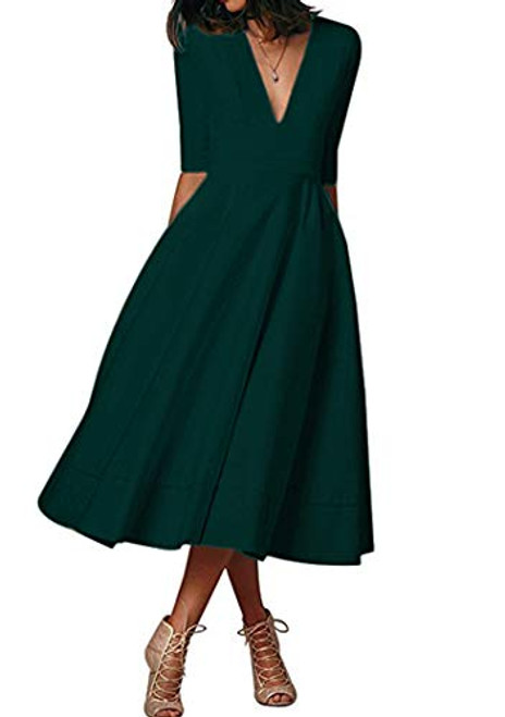 BOFETA Womens Half Sleeve Vintage Dress Deep V Neck Party Dress Green M