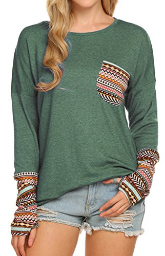 POGTMM Womens Green Long Sleeve O Neck Patchwork Casual Loose Button and Down Blouse Tunic Tops with Thumb Holes -S  Z Green-