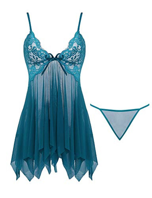 Women Sexy Lingerie Lace Babydoll Nightdress Mesh Chemise V Neck Sleepwear-Blue Small- Women Sexy Lingerie Lace Babydoll Nightdress Mesh Chemise V Neck Sleepwear-Blue Small-
