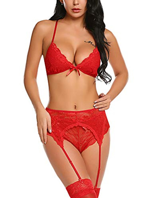 Avidlove Women Lingerie Set Lace Teddy Bodysuit Strap Babydoll Bodysuit with Garter Belts Red XXL Avidlove Women Lingerie Set Lace Teddy Bodysuit Strap Babydoll Bodysuit with Garter Belts Red XXL