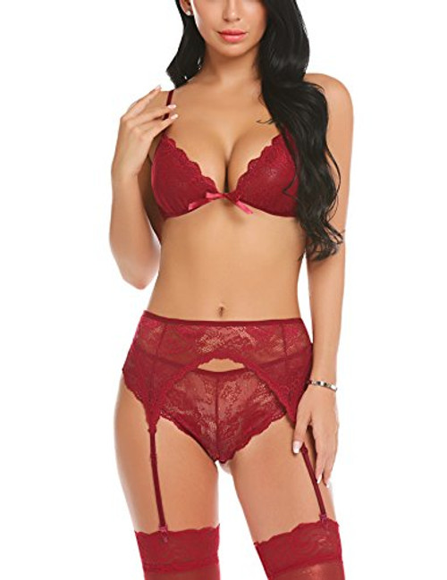 Avidlove Women Lace Lingerie Set with Garter Belts Strap Babydoll Bralette Bra and Panty Set -L  Dark Red-