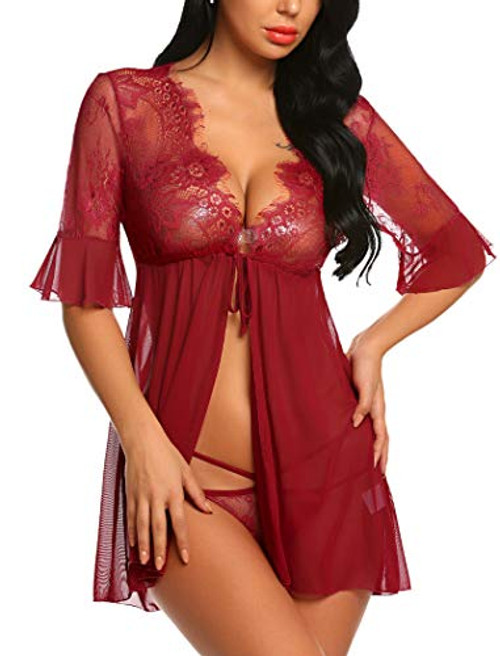 Avidlove sexy nightgown Women Lingerie Open Front Babydoll Lace Chemise Sleepwear Sheer Mesh Robe Womens Lace Robe Wine Red XL Avidlove sexy nightgown Women Lingerie Open Front Babydoll Lace Chemise Sleepwear Sheer Mesh Robe Womens Lace Robe Wine Red XL