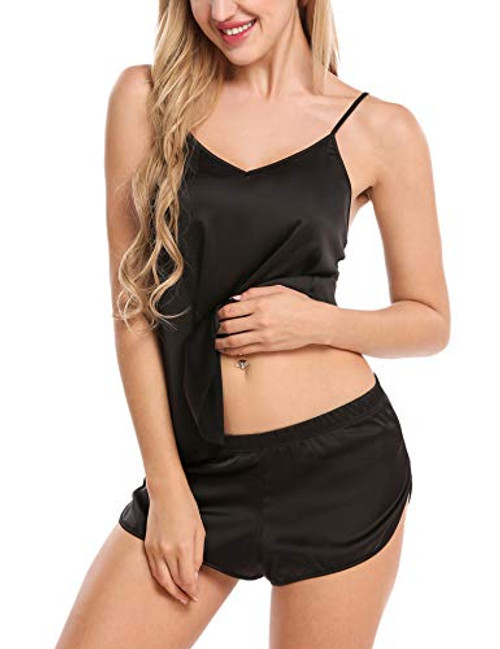 Ekouaer Sleepwear Womens Sexy Lingerie Satin Pajamas Cami Shorts Set Nightwear Black Large Ekouaer Sleepwear Womens Sexy Lingerie Satin Pajamas Cami Shorts Set Nightwear Black Large
