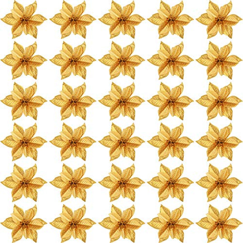 WILLBOND 30 Pieces Glitter Christmas Tree Ornaments Artificial Wedding Christmas Poinsettia Flowers for Christmas Flowers Tree Wreaths Decor Ornament