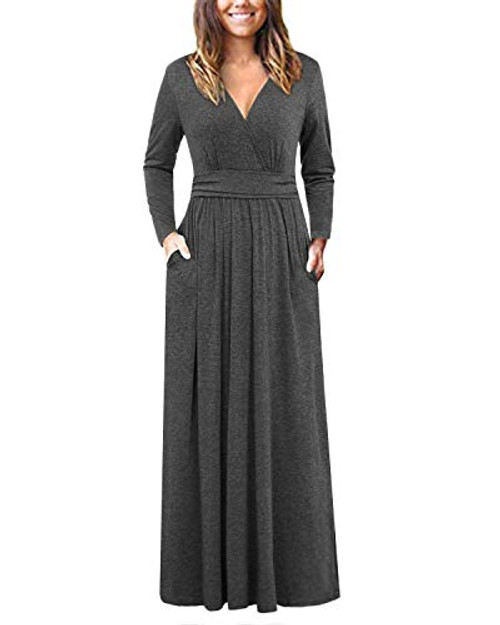 OUGES Womens Long Sleeve V-Neck Wrap Waist Maxi Dress-Gray L-