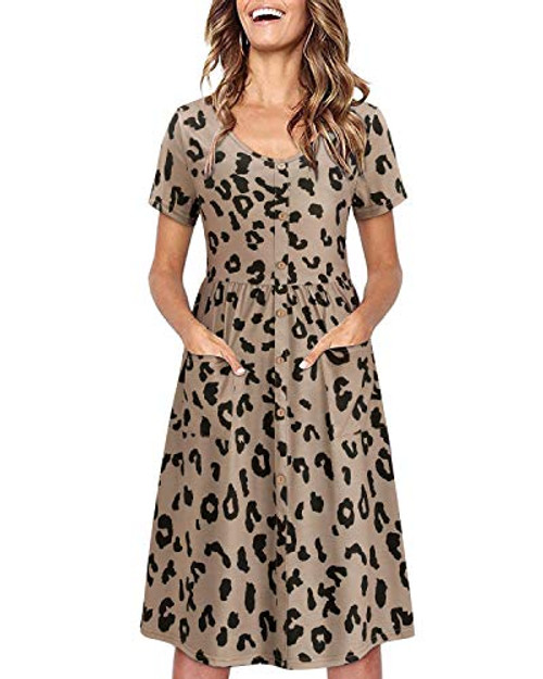 OUGES Womens Long Sleeve V Neck Button Down Midi Skater Dress with Pockets-Light Brown Leopard XL-