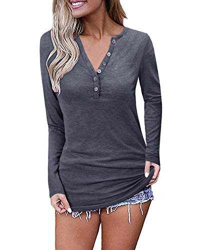 OUGES Womens Long Sleeve V-Neck Button Causal Tops Blouse T Shirt-Blue Purple XXL-