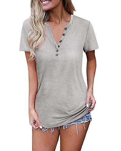 OUGES Womens Short Sleeve V Neck Button Summer Casual Henley Tops Blouse T Shirt -Light Gray M-