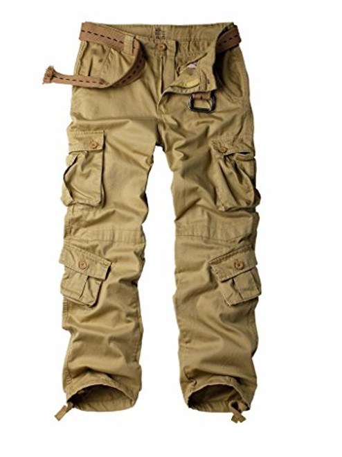 AUSZOSLT Mens Cotton Casual Military Army Cargo Camo Combat Work Pants with 8 Pocket Khaki 32